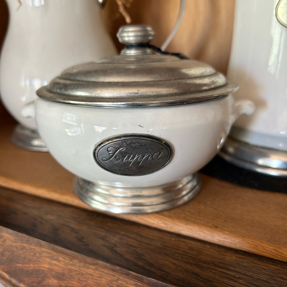 ARTE ITALICA ZUPPA BOWL WITH PEWTER LID HAND WASH NO ORIGINAL BOX NEVER USED